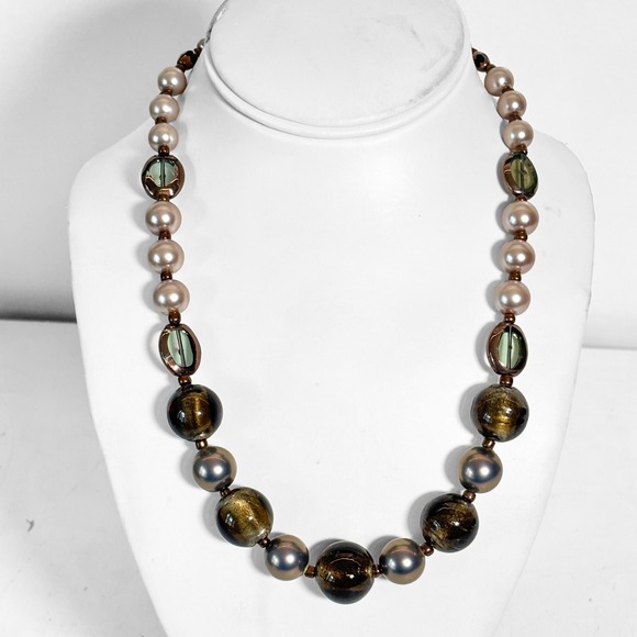 Artisan Beaded Necklace Lampwork Glass Faux Pearl Mauve Bronze Olive 19 Inch - Picture 3 of 7